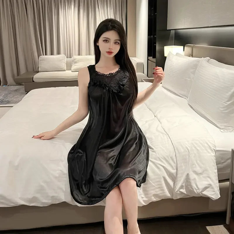 Plus Size Pure Desire Style Sleepwear Low Cut Lace Trim Mid Length Passionate Sexy Nightgown Attractive Chest Design Home Clothe