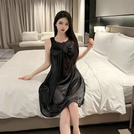 Plus Size Pure Desire Style Sleepwear Low Cut Lace Trim Mid Length Passionate Sexy Nightgown Attractive Chest Design Home Clothe