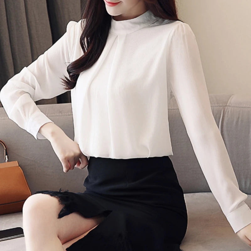 2025 New Spring Autumn Chiffon White Women's Blouse Long Sleeve Stand Collar Elegant Workwear Office Lady Korean Shirts Female