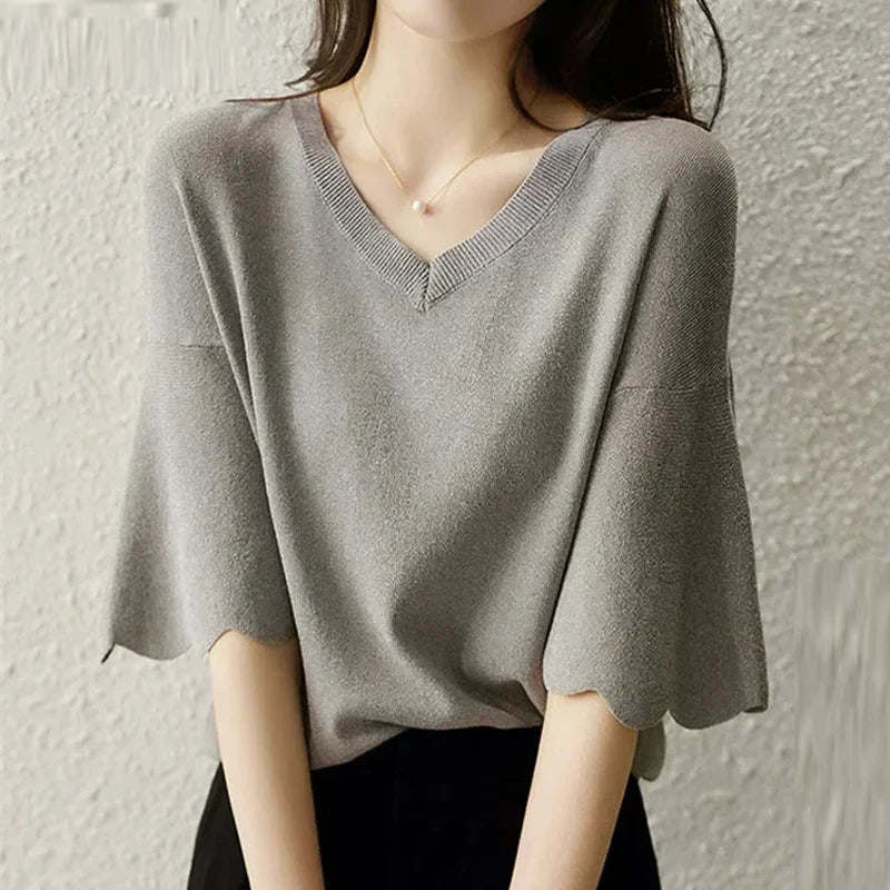 Women's Short Sleeve V-Neck Knitting Shirt, Casual Loose Tops, Ice Silk Blouse, Gray Lady Clothes, New, 14799