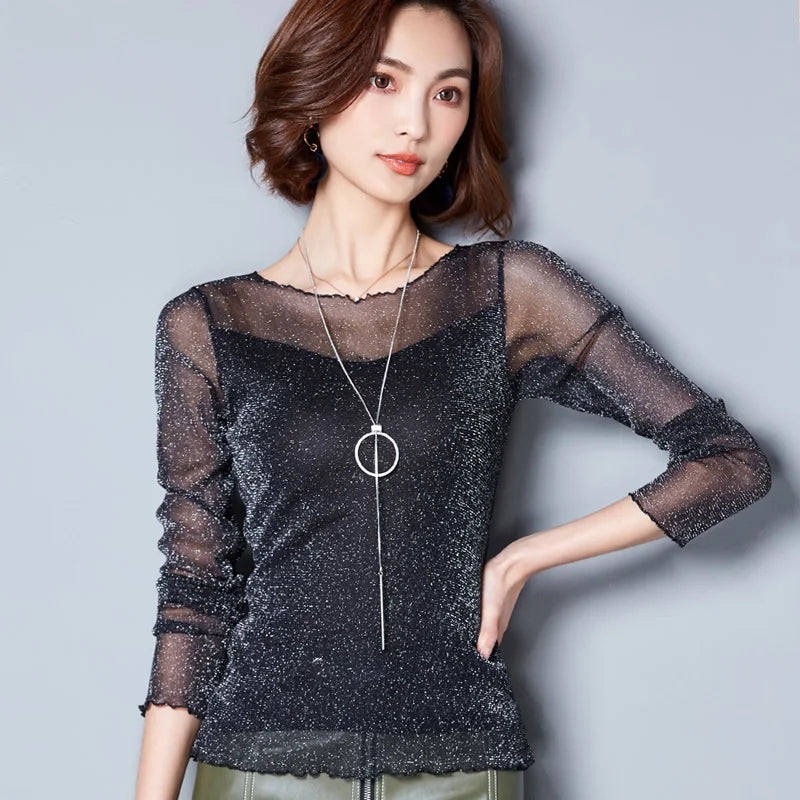 Glitter Mesh Blouse Sexy Womens Shirts Long Sleeve Tops Korean Black Pink O-Neck Elegant Slim Blouse Camisas Femininas