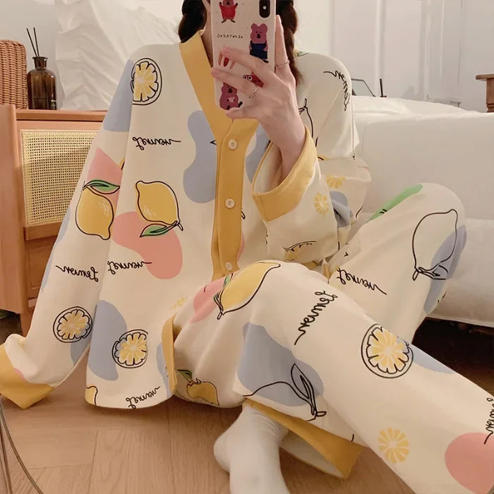 Women's Spring Autumn Long Sleeve Cotton-Like Kimono Loose-Fit V-Neck Sleepwear Sweet Home Clothes Korean Style Outer Wear