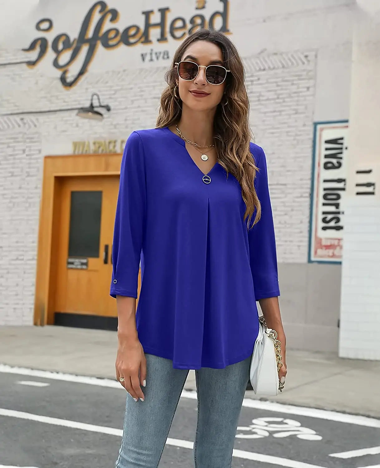 2024 Spring Autumn Women T-shirt V Neck 3/4 Sleeve Pin Decor Pleated Hem Solid Color Slim Fit Tunic T-shirt Tops Blouse