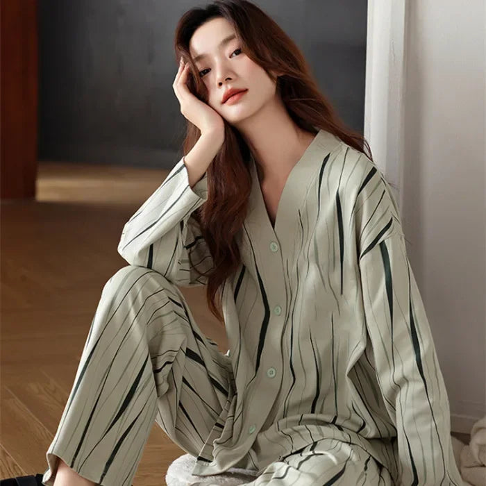 Women's Spring Autumn Long Sleeve Cotton-Like Kimono Loose-Fit V-Neck Sleepwear Sweet Home Clothes Korean Style Outer Wear