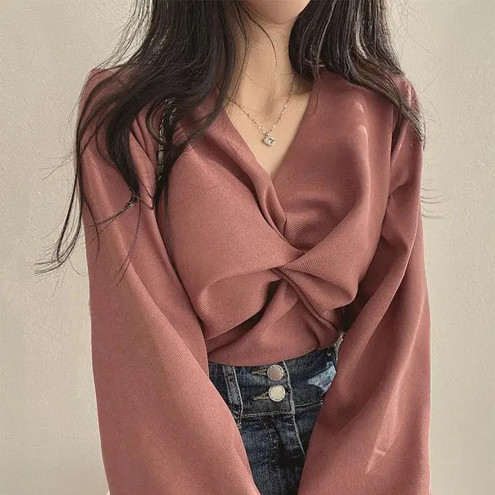 Korean Sle Pleated V-Ne Long Sve irt Women's Spring Autumn New Design Sensation Small ence Age Reduction Top