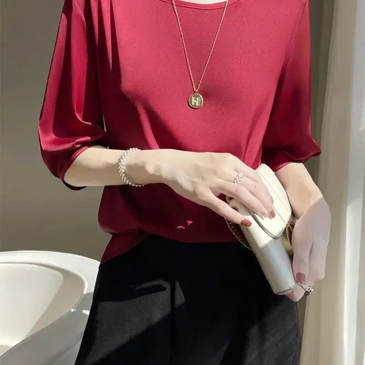 Summer satin Women Blouse Silky Loose Woman Shirt lady's half Sleeve tops Casual solid t-shirt O-Neck pullover women's clothing