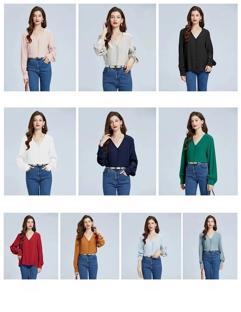 Spring and Autumn New 100% Mulberry Silk Shirt Double Crepe Office Lady Work Shirt Long Sleeve Heavy 18mm Silk Shirt Women