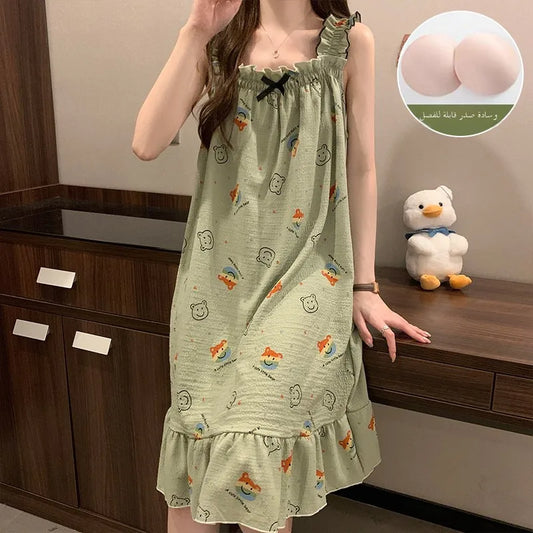 Women's Summer Spwear Breathable Pure Cotton Dr with Chest Pad Large Size Home Clothes Long Skirt Sweet Sle ...