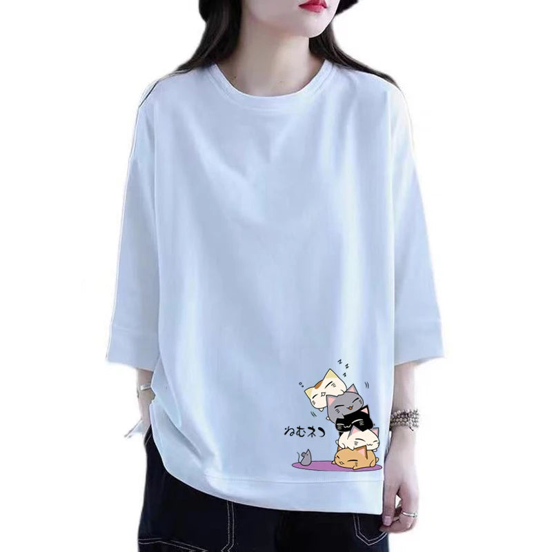 Casual Cotton T-irt Women's Summer Loose Slim Fit Faionable Seven-Quarter Sve round Ne Print Top for Commute