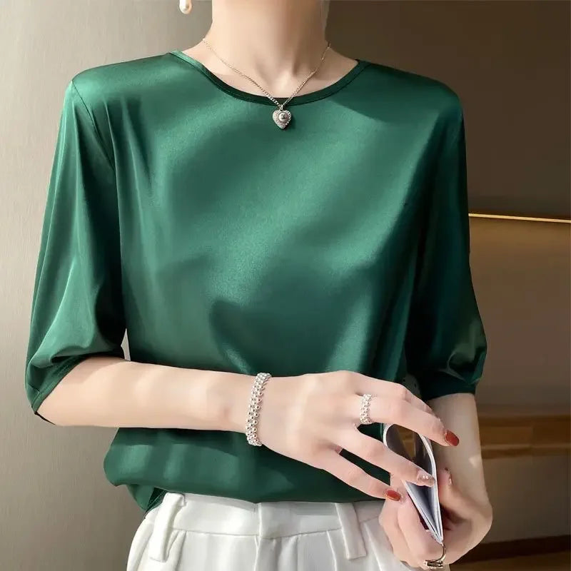 Summer satin Women Blouse Silky Loose Woman Shirt lady's half Sleeve tops Casual solid t-shirt O-Neck pullover women's clothing