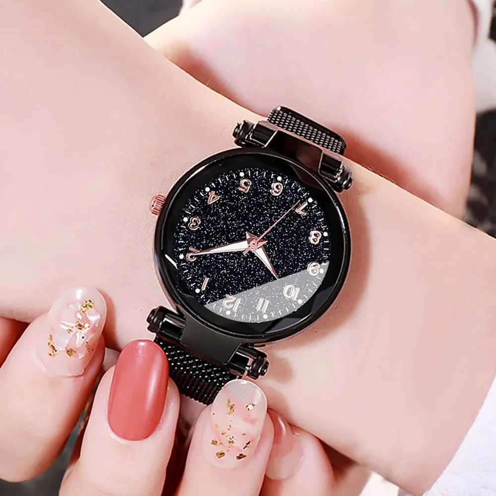 Fashionable Ladies Quartz Watch Set Simple Korean Style with Magnetic Strap Starry Sky Design Versatile Accessory for Women