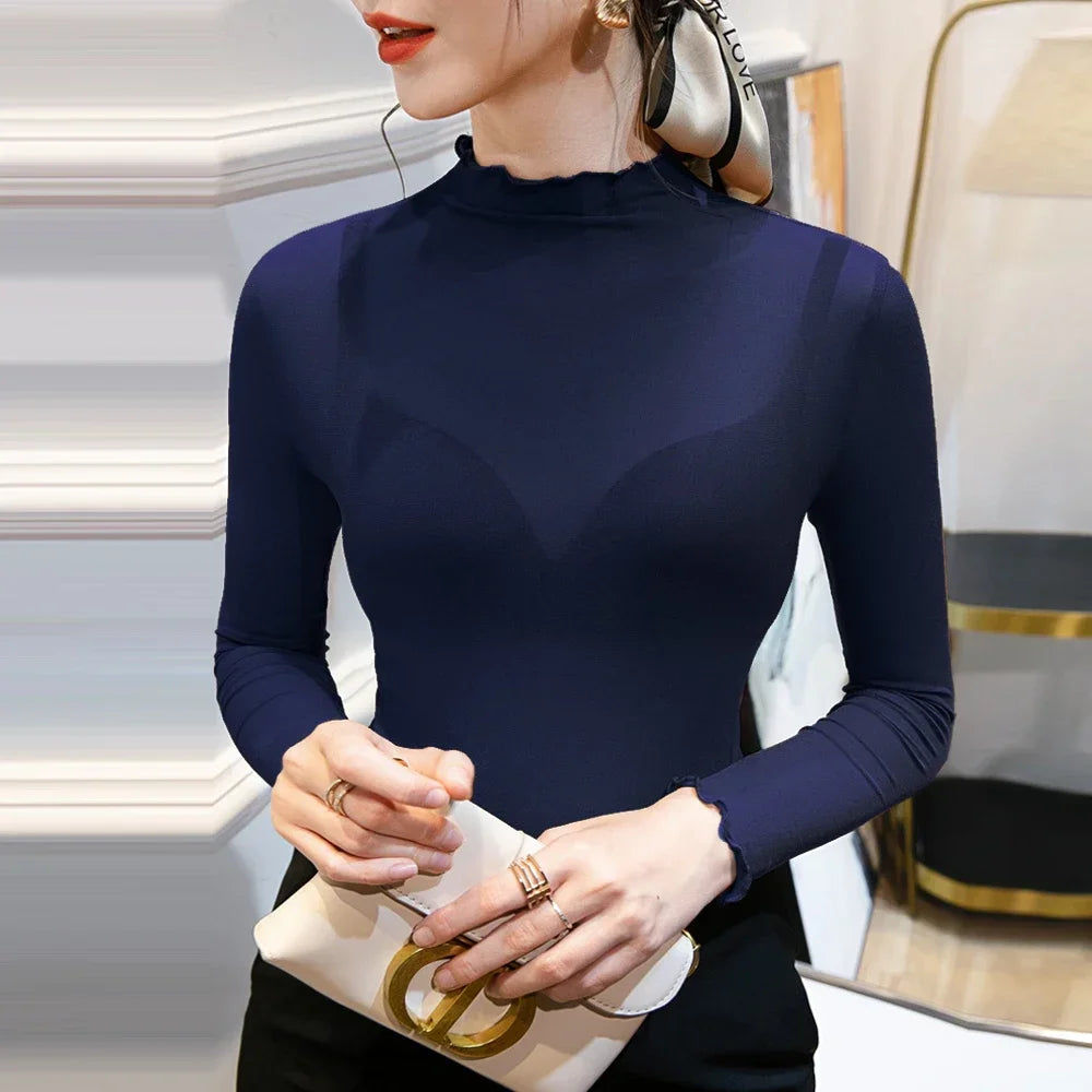 Women Pink Red Purple Black Blue Grey White T Shirt Transparent Mesh T-Shirt Sexy Club Party Thin Female Blouse Long Sleeve Tops