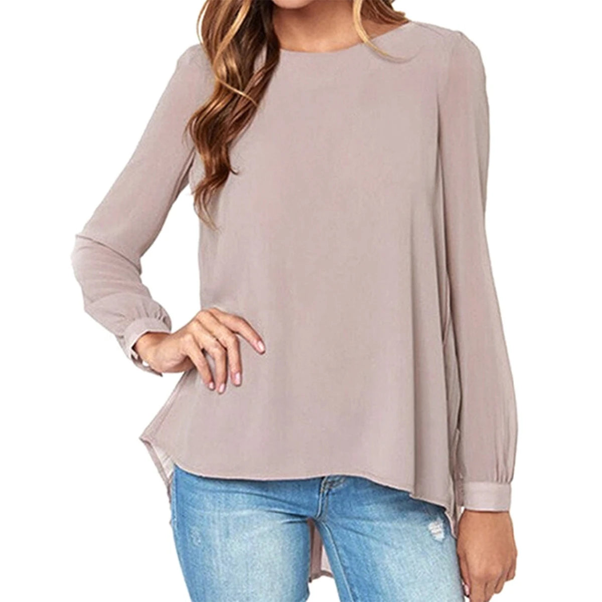 New Women Sexy Casual Loose Chiffon Blouse Long Sleeve Solid Crimp Shirts