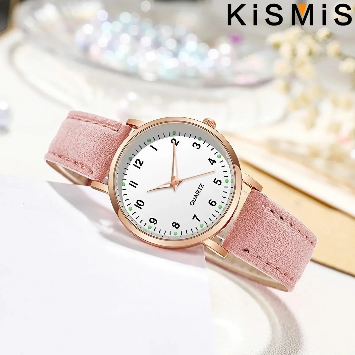 Casual Round Quartz Watch Luminous Analog Wristwatch PU Leather Strap for Women Girls Ideal Gift