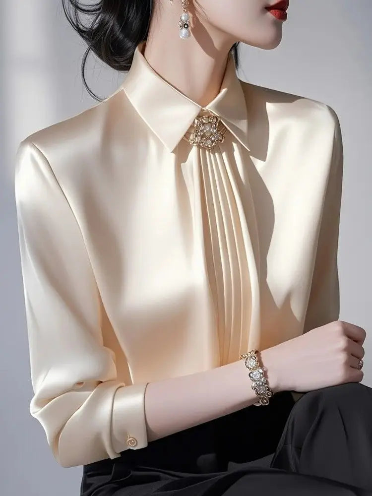 Satin Silk Blouses Women Long Sleeve Casual Blouses Autumn Spring Office Lady Casual Wear Blouses Plus Size