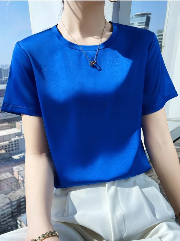Summer T-shirts Woman O Neck Short Sleeves Tees Satin Klein Blue Champagne Solid Color Loose Women's oversized T Shirt Silk Tops