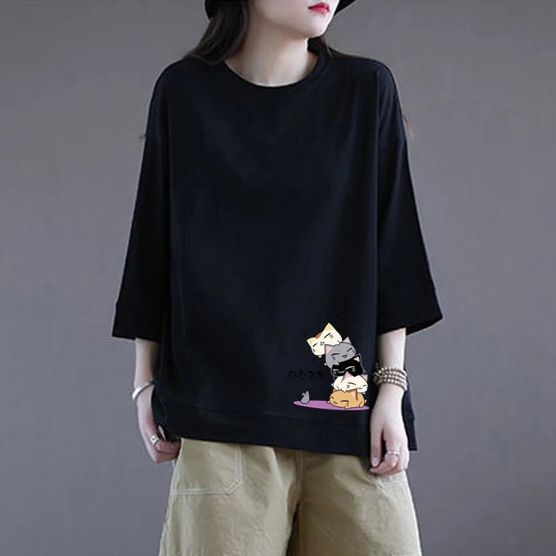 Casual Cotton T-irt Women's Summer Loose Slim Fit Faionable Seven-Quarter Sve round Ne Print Top for Commute