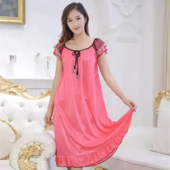 Long Ice Silk Sleep Dress Short Sleeve Women's Nightgown Home Clothes plus Size Simulated Silk Summer Sleepwear Robe
