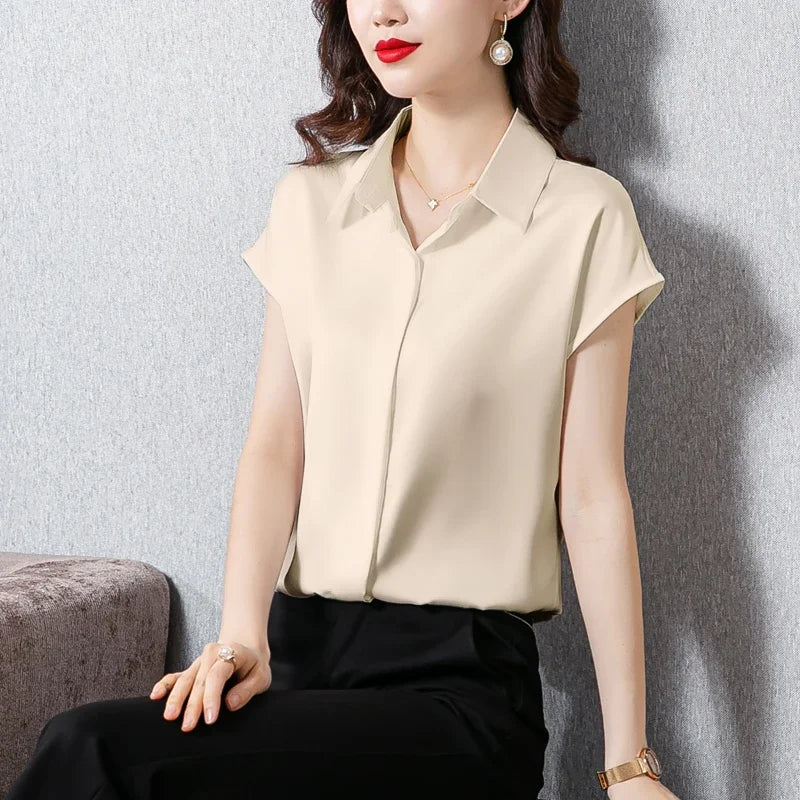 Vintage Blouse Women 2025 New Summer Satin Shirt Silk Elegant Womens Tops Short Sleeve Blouses and Shirts Fashion Women Clothing
