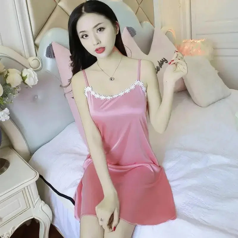 Summer Silk Sleep Dress Women's Home Clothes Vest Strap Ice Silk plus Size Sleepwear Dress Fairy like Backless Design
