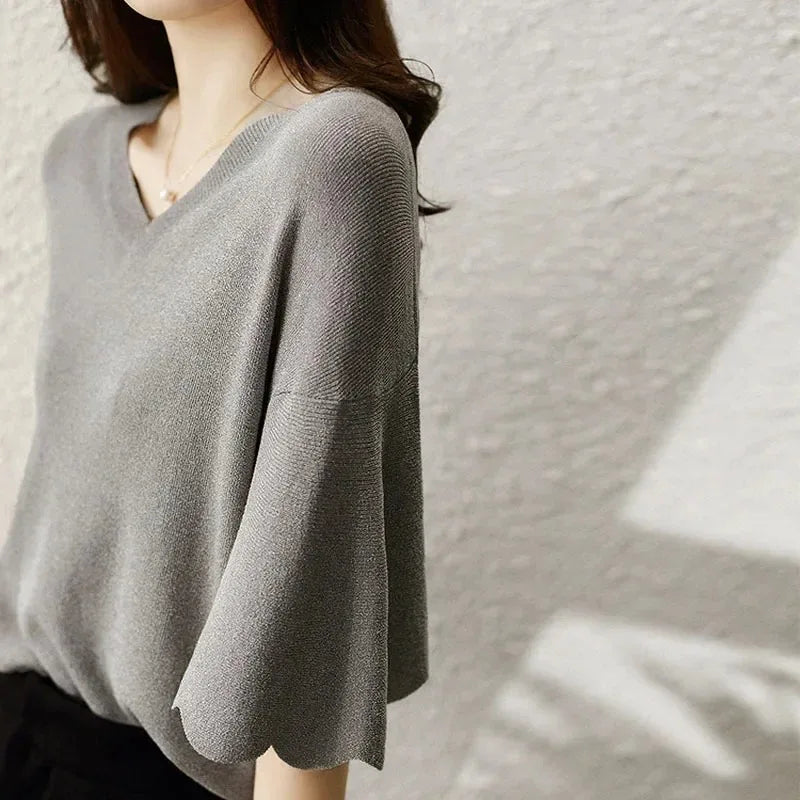 Women's Short Sleeve V-Neck Knitting Shirt, Casual Loose Tops, Ice Silk Blouse, Gray Lady Clothes, New, 14799