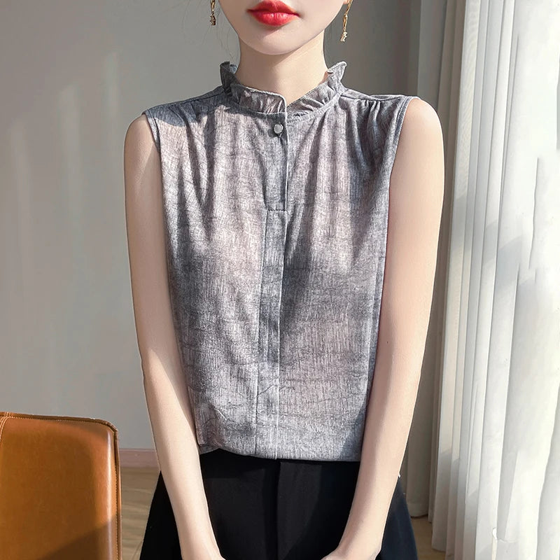 2025 New Chinese Sleeveless Shirt Lace Collar Knit Base Shirt Ink Painting National Style Fashion Western Style Blouse RW M13