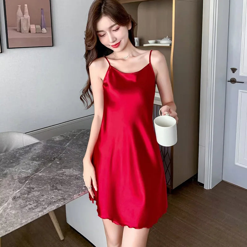 Women Silk Nightgowns Sexy Sleepwear Sleeping Dress Summer Pijamas Backless Slip dress lounge-wear Night Dress Ladies Sleepwear