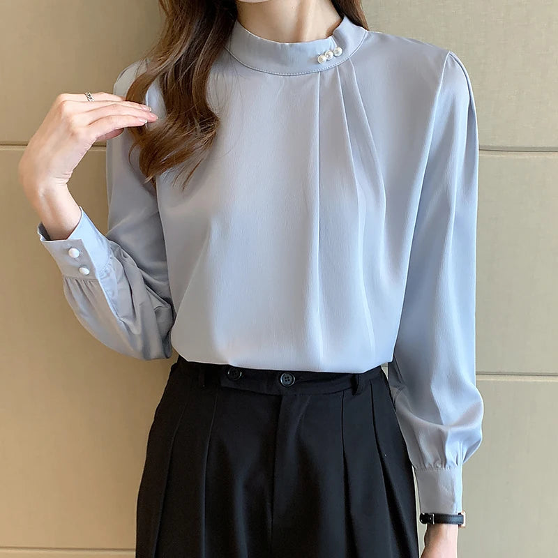 Spring Autumn Satin Women's Blouses 2025 New Long Sleeve Beading Solid Stand Collar Workwear Office Lady Elegant Shirt Female