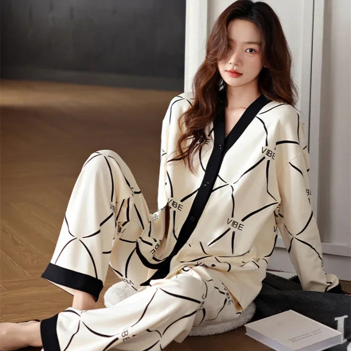 Women's Spring Autumn Long Sleeve Cotton-Like Kimono Loose-Fit V-Neck Sleepwear Sweet Home Clothes Korean Style Outer Wear