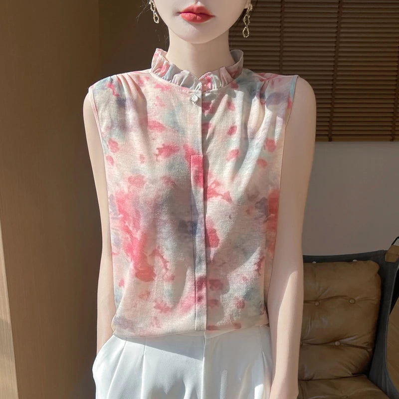 2025 New Chinese Sleeveless Shirt Lace Collar Knit Base Shirt Ink Painting National Style Fashion Western Style Blouse RW M13