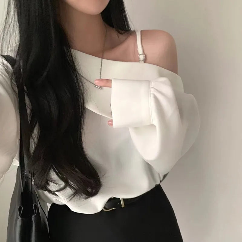 Women's Long Lantern Sleeve Shirt, Sweet Skew Collar, Sexy Off Shoulder Blouse, White Tops, Loose Clothes, Spring, Autumn, 8353