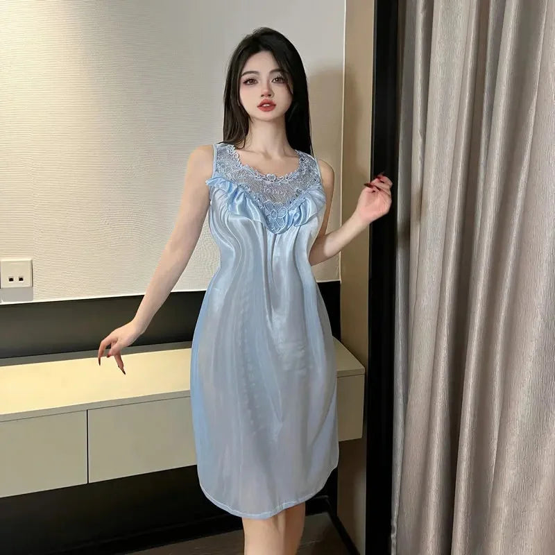 Korean Style Suggestive Lace Sleepwear Purple Home Clothes Set plus Size Pure Desire Battle Robe Sexy Home Comfortable Nightgown