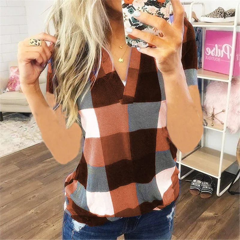 Women Vintage Short Sleeve Shirt V Neck Plaid Shirts Summer Female Casual Blouse Tops Streetwear Korean Style Clearance Sale
