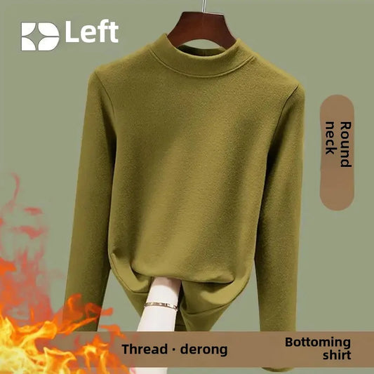 Women's Fleece Lined Long Sleeve Crew Neck Base Shirt Thermal Top Pure Color Spring Autumn Fashionable T-Shirt Polyester Fiber