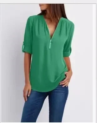 2025 Hot Sale Women Cool Loose Shirt Deep V Neck Chiffon Fashion Blouse Casual Ladies Tops Sexy Zipper Pullover Plus Size
