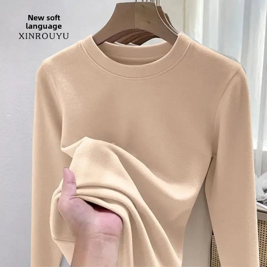 Women's Fleece Lined Long Sleeve T-Shirt Base Layer Shirt Autumn Winter New Style Slimming Versatile Inner Wear Crew Neck Top