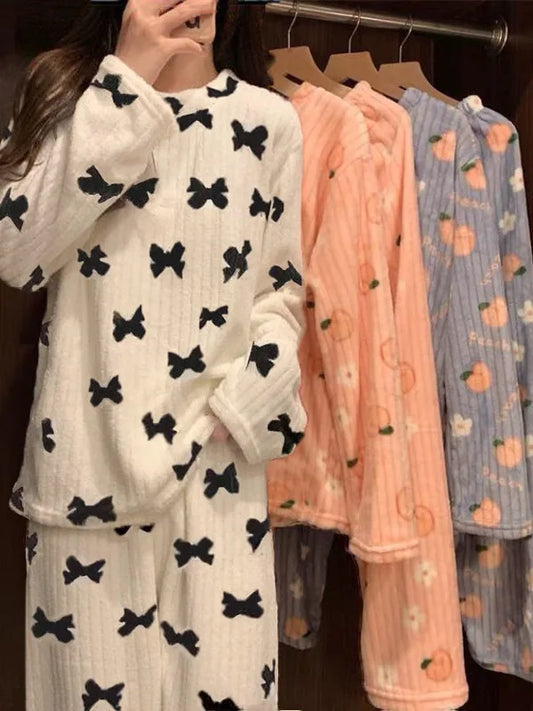 Adorable Sweet Warm Coral Fce Women's Home Clothes Set Autumn Winter Lazy Person's Spwear Long Sve round Ne Two-Pi...