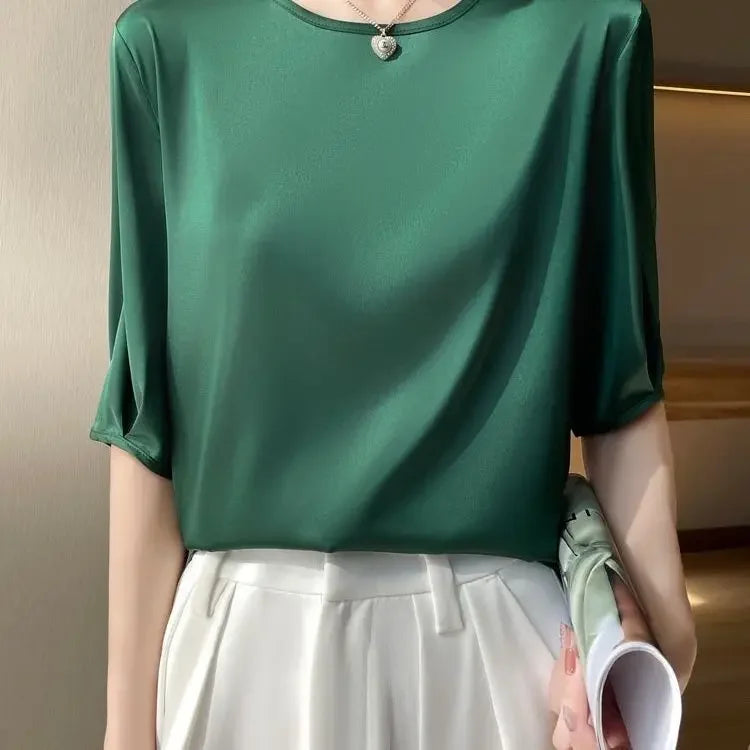 Summer satin Women Blouse Silky Loose Woman Shirt lady's half Sleeve tops Casual solid t-shirt O-Neck pullover women's clothing