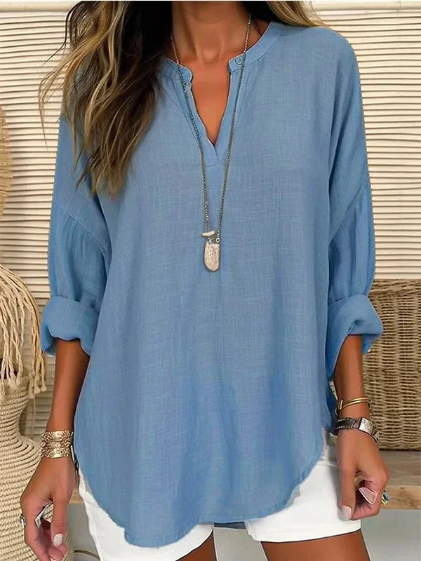 2025 Spring Cotton Linen Women Blouses White V-neck Long Sleeve Loose Shirt Female Spring Elegant Casual Trendy Ladies Clothes