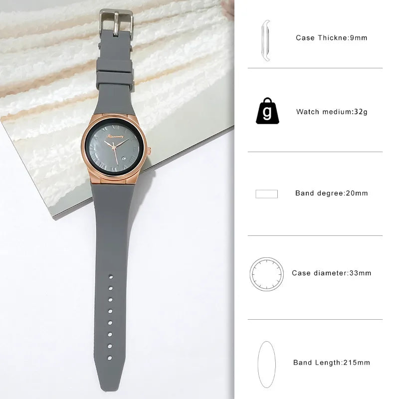 Ladies watch, simple and stylish silicone tape Roman disc with calendar quartz watch