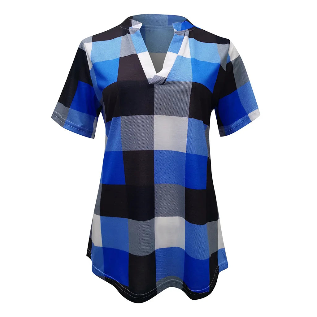 Women Vintage Short Sleeve Shirt V Neck Plaid Shirts Summer Female Casual Blouse Tops Streetwear Korean Style Clearance Sale