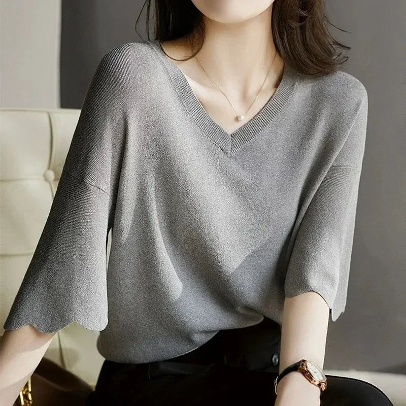 Women's Short Sleeve V-Neck Knitting Shirt, Casual Loose Tops, Ice Silk Blouse, Gray Lady Clothes, New, 14799