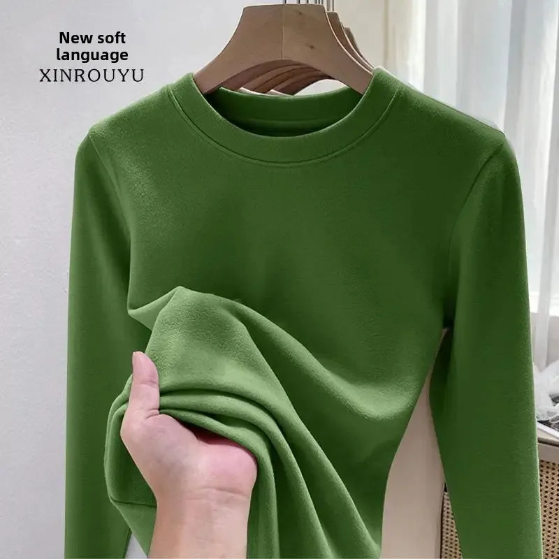 Women's Fleece Lined Long Sleeve T-Shirt Base Layer Shirt Autumn Winter New Style Slimming Versatile Inner Wear Crew Neck Top