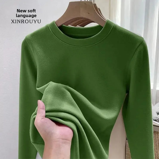 Women's Fleece Lined Long Sleeve T-Shirt Base Layer Shirt Autumn Winter New Style Slimming Versatile Inner Wear Crew Neck Top