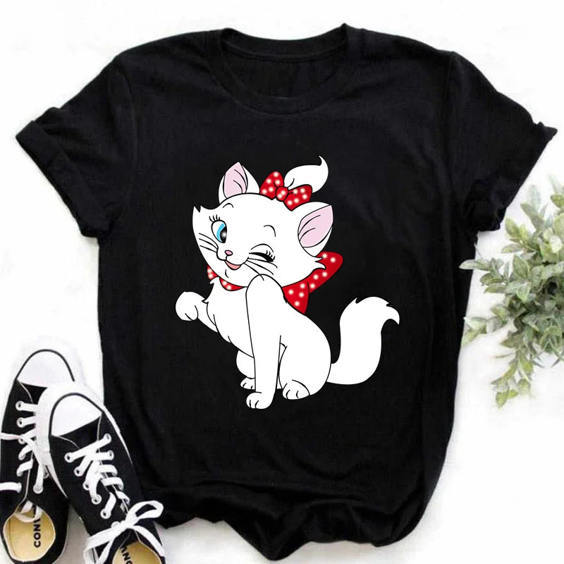 The Aristocats Marie Cat Kawaii Cute Graphic Print Cotton T-shirt 2024 Women's Summer Top Y2K Cute Style Couple Short Sleeve Top