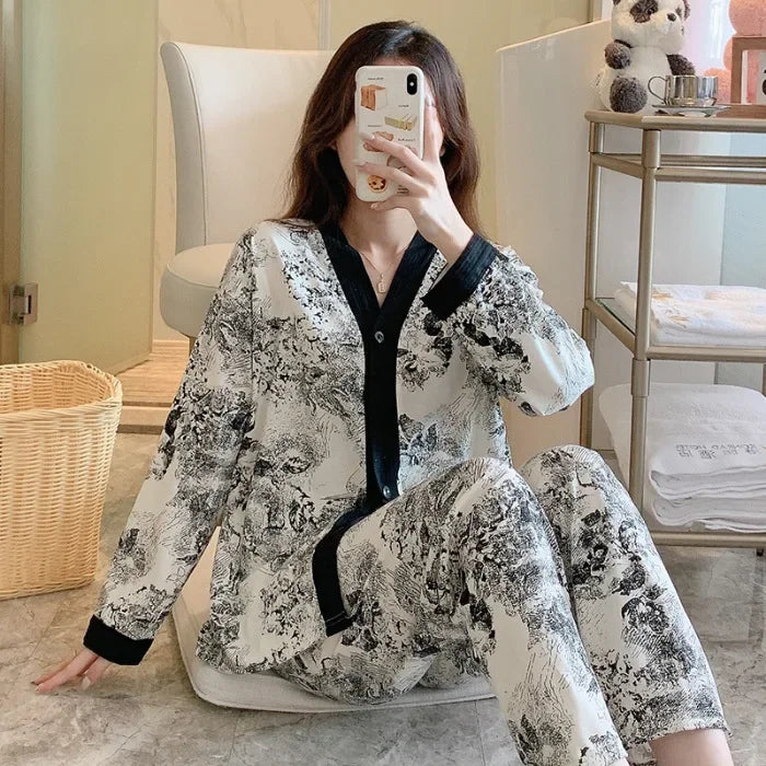 Women's Spring Autumn Long Sleeve Cotton-Like Kimono Loose-Fit V-Neck Sleepwear Sweet Home Clothes Korean Style Outer Wear