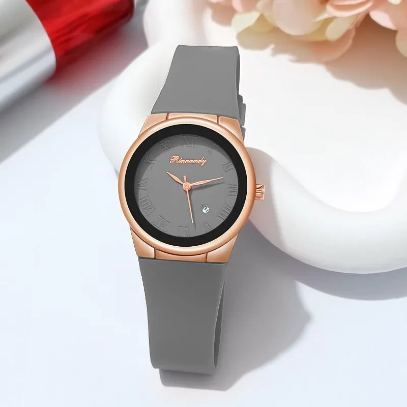 Ladies watch, simple and stylish silicone tape Roman disc with calendar quartz watch