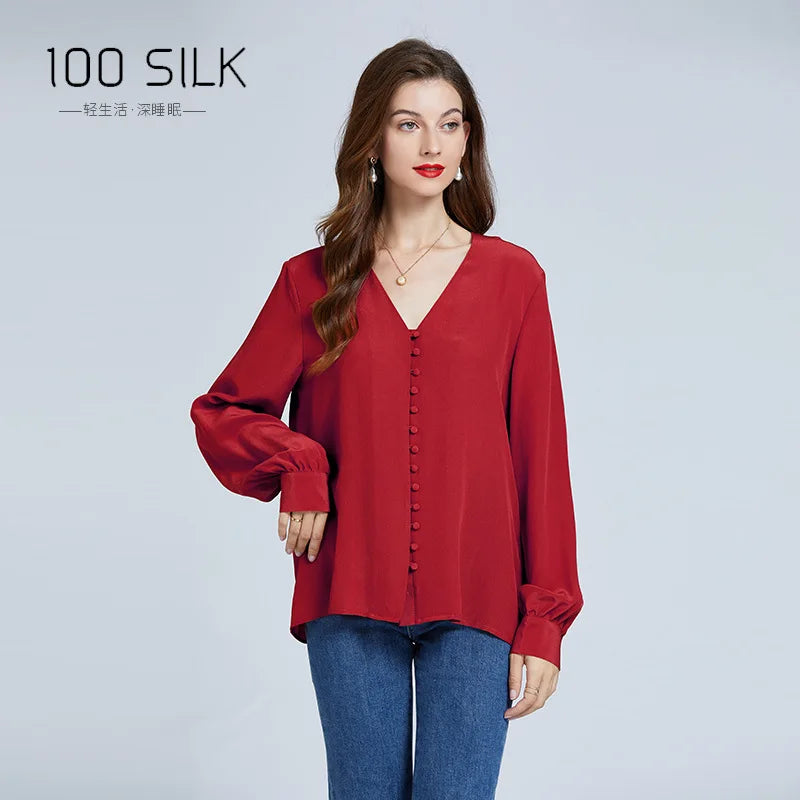 Spring and Autumn New 100% Mulberry Silk Shirt Double Crepe Office Lady Work Shirt Long Sleeve Heavy 18mm Silk Shirt Women