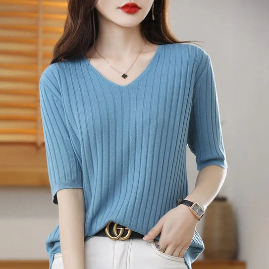 2025 New Spring Summer New Women's V-neck Short-Sleeved Exquisite Cashmere Knitted Sweater Pullover Solid Color