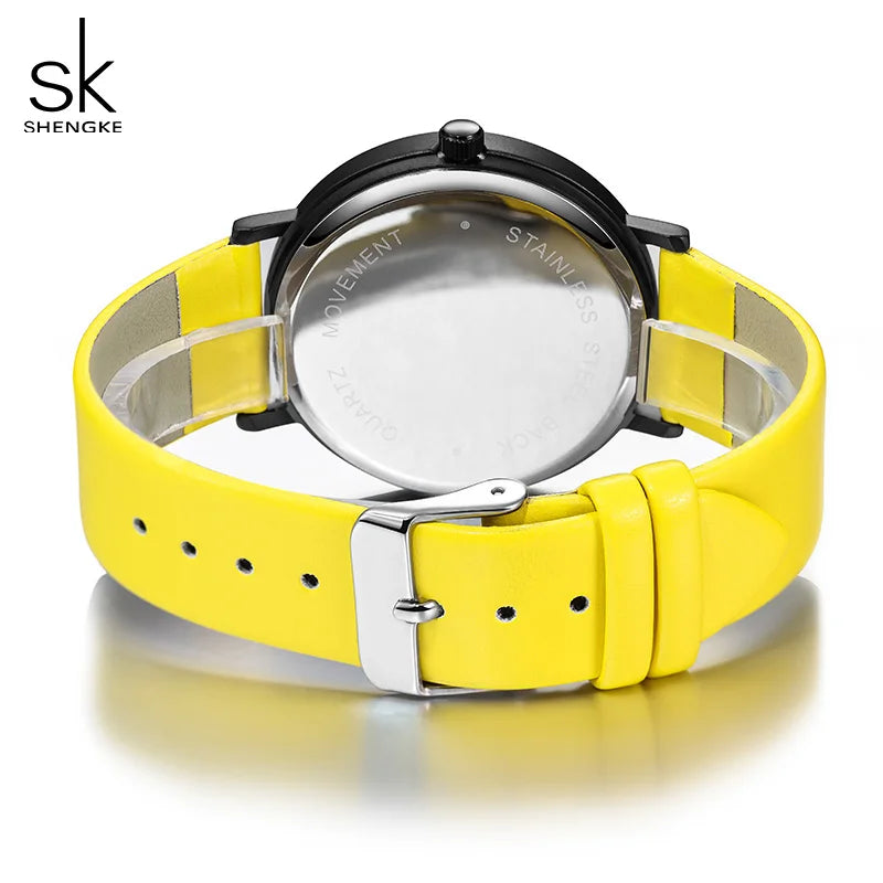Shengke Women Creative Wristwatch Ladies Watches Yellow Leather Band Best Gifts Wristwatches Clock Montres Femme Reloj Mujer